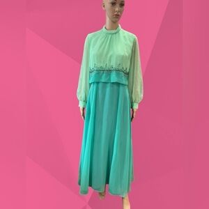 Vintage Union made  chiffon hostess Maxi Dress in Teal-M